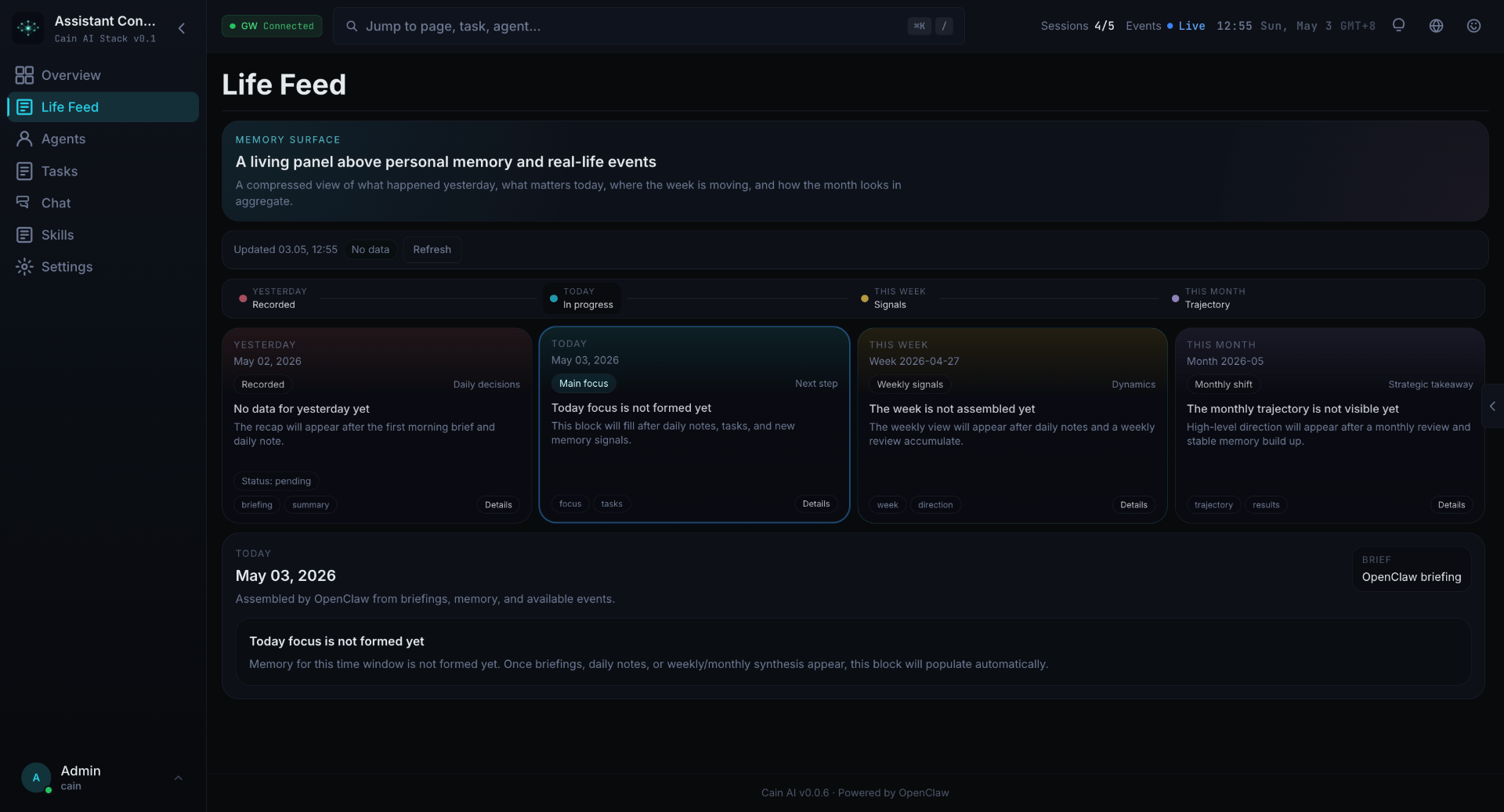 Cain AI dashboard — Life Feed